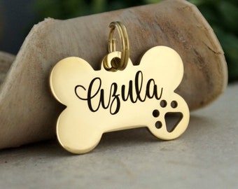 Personalized Gold Dog Bone ID Tag: Stainless Steel Paw Print cutout Name Tag