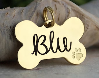 Gold Personalized Dog Bone ID Tag with cute dog paw, Name ID Tag for Dogs, Stainless Steel Collar ID