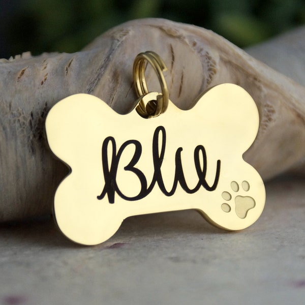 Gold Personalized Dog Bone ID Tag with cute dog paw, Name ID Tag for Dogs, Stainless Steel Collar ID