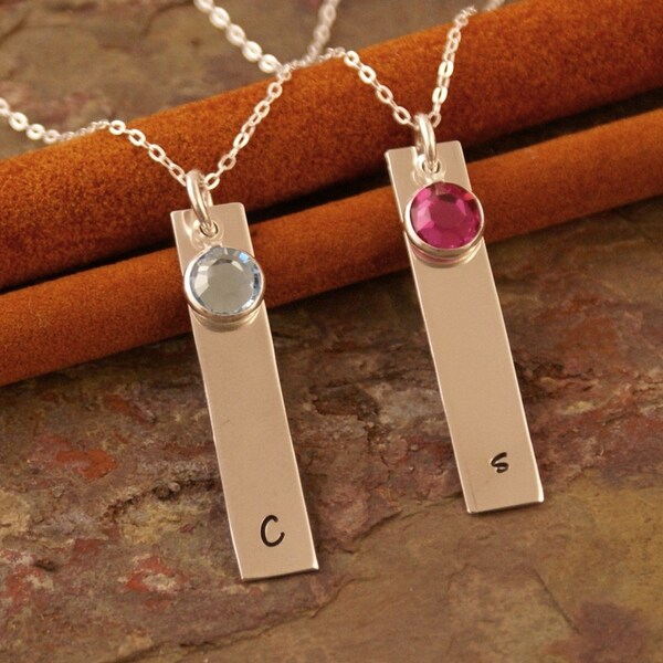 Metal Vertical Initial Big tag with birthstone - Personalized hand stamped Initial Necklace