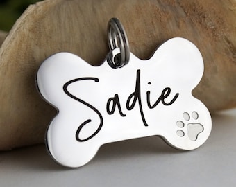 Personalized Dog Bone ID Tag: Stainless Steel Pet Collar Tag with Paw Print