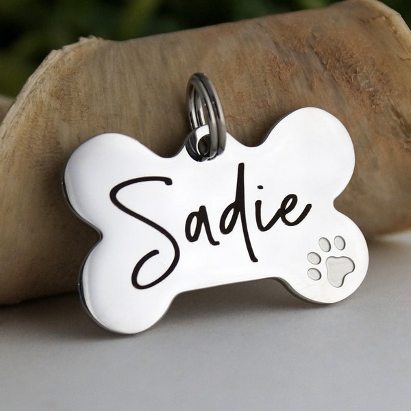 Silver Personalized Dog Bone ID Tag with dog paw imprint, Name ID Tag for Dogs, Stainless Steel Collar ID