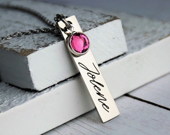 Engraved Vertical Bar Necklace: Personalized Name, Birthstone, Stainless Steel