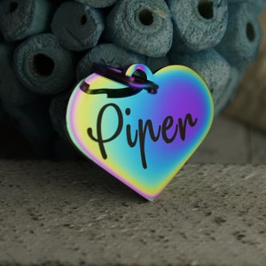 Rainbow Heart tag • Big Iridescent pet id tag • Dog or Cat Name Tag • ID Tag for pets • Stainless Steel ID Tag • Collar ID Name Tag