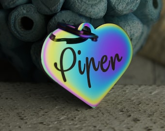 Rainbow Heart tag • Big Iridescent pet id tag • Dog or Cat Name Tag • ID Tag for pets • Stainless Steel ID Tag • Collar ID Name Tag