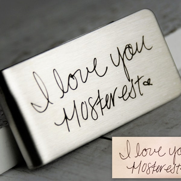 Custom Stainless Steel Money Clip, Your own handwriting or your kids drawings, Personalized Engraved Money Clip, Gift for Him Valentine's