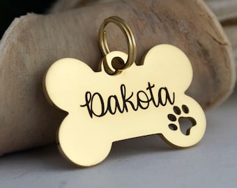 Personalized Gold Dog Bone ID Tag: Stainless Steel with Paw Print cutout