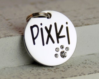 Round Crystal Pet ID Tag: Engraved Stainless Steel Dog Cat Collar Tag