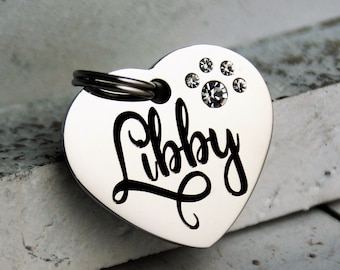 Small Crystal Paw Print Heart Pet ID Tag: Engraved Stainless Steel Dog Cat Tag