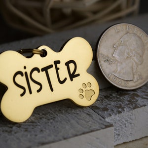 Gold dog tag for dogs personalized, dog name tag, dog bone tag with cute dog paw