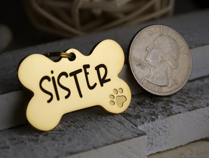 Gold dog tag for dogs personalized, dog name tag, dog bone tag with cute dog paw