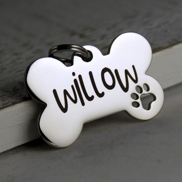 Personalized Dog ID Tag • Smaller Cut out dog paw • Dog Bone Name Tag • ID Tag for Dogs • Stainless Steel Dog Tag • Collar ID Name Tag