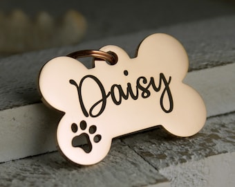 Personalized Rose Gold Dog ID Tag • Smaller Cut out dog paw • Dog Bone Name Tag • ID Tag for Dogs • Stainless Steel Dog Collar ID Name Tag