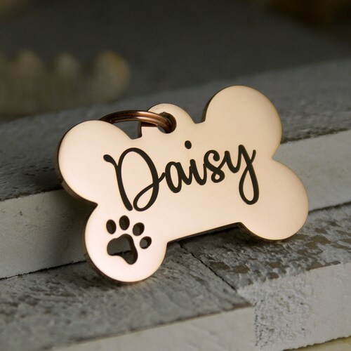 Rose Gold Round Pet Id Stainless Steel Engraved Dog Tag Etsy