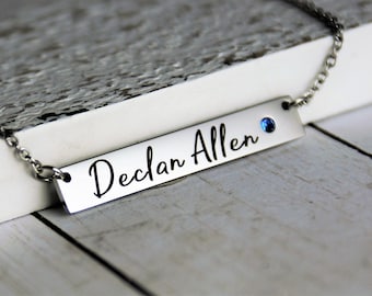 Personalized Birthstone Bar Necklace • Engraved Stainless Steel Name Necklace
