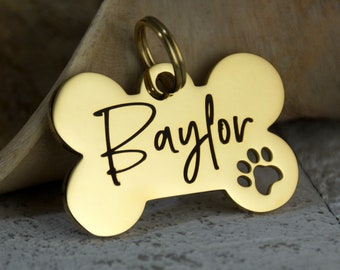 Personalized Gold Dog ID Tag • Smaller Cut out dog paw • Dog Bone Name Tag • ID Tag for Dogs • Stainless Steel Dog Collar ID Name Tag