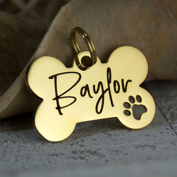 Personalized Gold Dog ID Tag • Smaller Cut out dog paw • Dog Bone Name Tag • ID Tag for Dogs • Stainless Steel Dog Collar ID Name Tag
