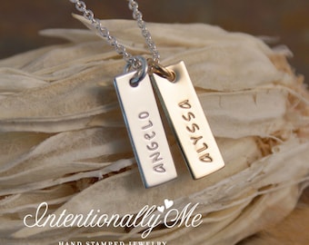 Sterling Silver Vertical tags duet - Étiquettes personnalisées estampillées à la main en argent sterling et en or 14K