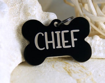 Personalized Dog ID Tag • Dog Name Tag • Dog Bone Tag • ID Tag for Dogs • Stainless Steel • Black Collar ID Name Tag