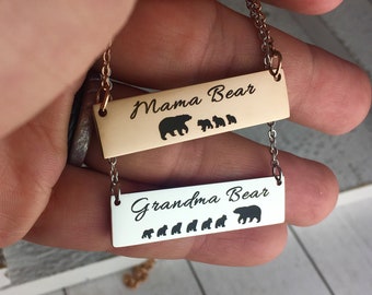 Mama Bear Necklace • Mother's Day Gift • Gift for Mom • Engraved Personalized Bar Necklace • Grandma Bear • Horizontal Bar Necklace