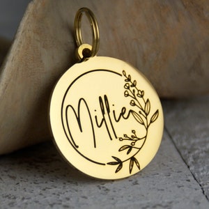 Gold round engraved pet id tag with unique design, gold dog id name tag custom pet jewelry
