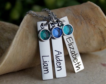 Custom Mommy necklace with kids names and birthstone Vertical Bar Necklace, personalized mothers necklace with kids names