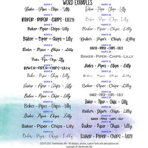 May include: A graphic showcasing 29 different font styles, each displaying the text "Baker - Piper - Chips - Lilly." The fonts vary in style, from elegant scripts to bold, block letters. The image includes the text "WORD EXAMPLES" and copyright information.