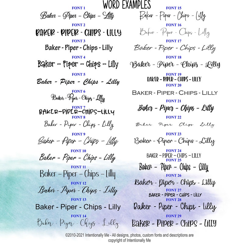 May include: A graphic showcasing 29 different font styles, each displaying the text "Baker - Piper - Chips - Lilly." The fonts vary in style, from elegant scripts to bold, block letters. The image includes the text "WORD EXAMPLES" and copyright information.