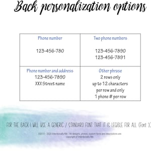 May include: Image showing back personalization options. Options include phone number, two phone numbers, phone number and address, and other phrases. The text is in a clear, readable font, with a generic font used for the back.