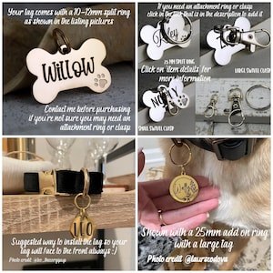 May include: A collage of dog tags in various shapes and sizes, including bone and circular tags. The tags are gold and silver, with names like "Willow", "Riley", "Noly", "Leo", and "Wally". The image includes text about attachment rings and clasps.