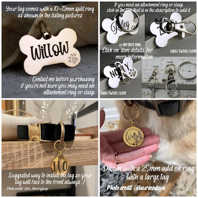 May include: A collage of dog tags in various shapes and sizes, including bone and circular tags. The tags are gold and silver, with names like "Willow", "Riley", "Noly", "Leo", and "Wally". The image includes text about attachment rings and clasps.