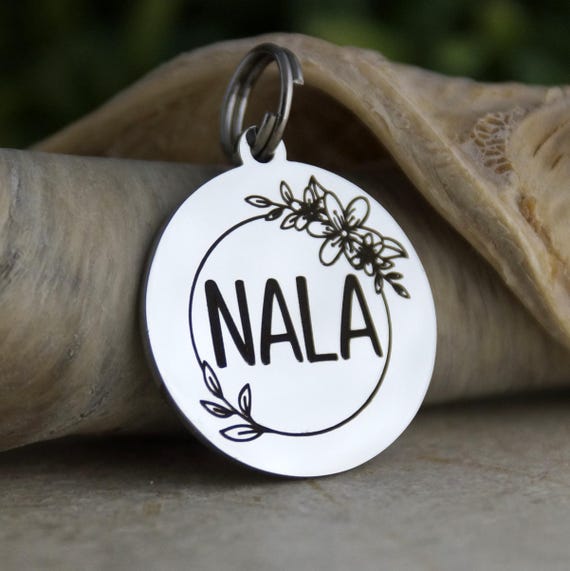 Personalized Dog Tag: Engraved Stainless Steel Pet ID, Floral Design