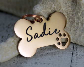 Personalized Rose Gold Color Dog ID Tag • Cut out dog paw • Name Tag • Dog Bone • ID Tag for Dogs • Rose Gold Dog Tag • Collar ID Name Tag