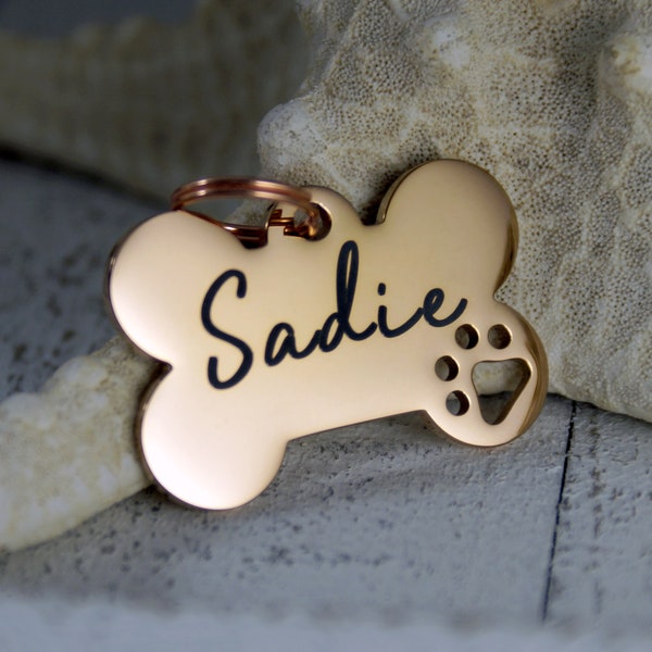 Personalized Rose Gold Color Dog ID Tag • Cut out dog paw • Name Tag • Dog Bone • ID Tag for Dogs • Rose Gold Dog Tag • Collar ID Name Tag