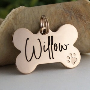 Rose Gold Personalized Dog Bone ID Tag with dog paw imprint, Name ID Tag for Dogs, Stainless Steel Collar ID