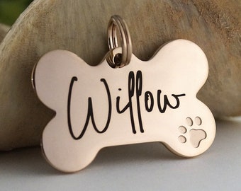 Rose Gold Personalized Dog Bone ID Tag with dog paw imprint, Name ID Tag for Dogs, Stainless Steel Collar ID