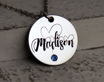 Personalized Birthstone Name Necklace: Engraved Stainless Steel Disc