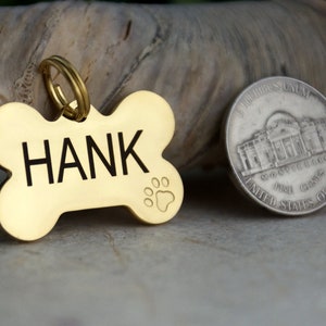 Gold dog tag for dogs personalized, dog name tag, dog bone tag with cute dog paw