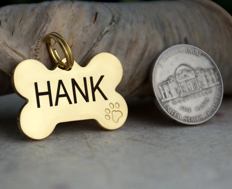 Gold dog tag for dogs personalized, dog name tag, dog bone tag with cute dog paw