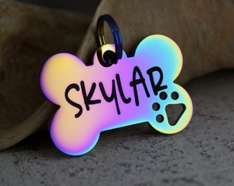 Personalized Dog ID Tag, Cut out dog paw, Dog Name Tag, Dog Bone Tag, Tag for Dogs, Stainless Steel, Chrome Rainbow Collar ID Name Tag