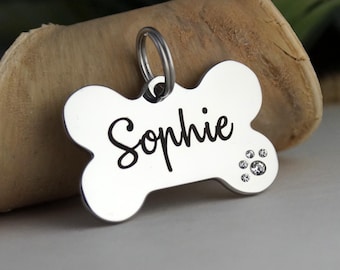 Personalized Dog Bone Tag: Stainless Steel ID with Crystal Paw Print