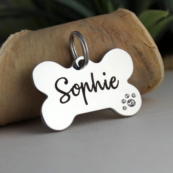 Personalized Dog Bone Tag: Stainless Steel ID with Crystal Paw Print