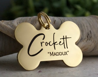 Dog tag for dogs personalized with two names as shown, dog name tag, Bone shape dog tag, Pet ID tag, Cute fonts custom dog tag