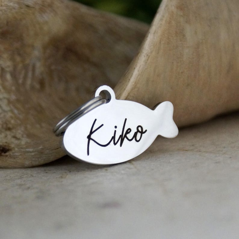 May include: A silver-colored pet tag in the shape of a fish. The tag has a ring for attachment and the name "Kiko" in a cursive font. The background is a blurred wooden surface.