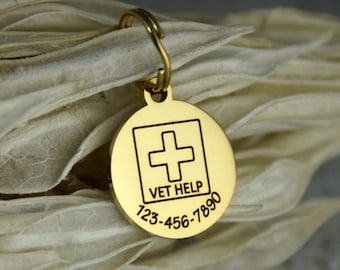 Tiny Veterinarian Info Pet Tag: Stainless Steel Alert Charm