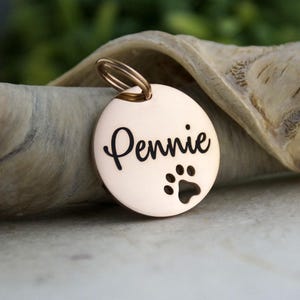 Rose Gold Personalized Pet ID tag with paw, Dog or Cat ID Tag, Round tag with dog paw, Stainless Tag for Dogs, Cat Collar ID Name Tag