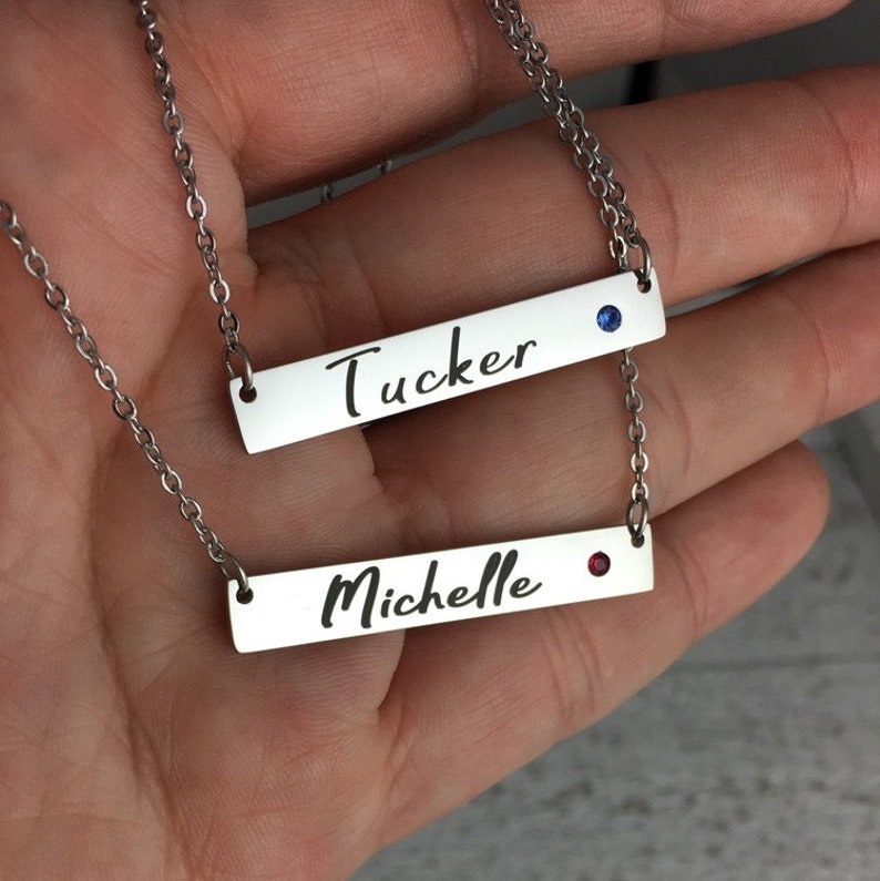 Custom Bar Necklace Birthstone Bar Necklace Bar Necklace Double sided Personalized Bar Necklace Name Necklace Rose Gold Necklace Silver • Front Only