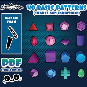 Könnte beinhalten: Digitaler PDF-Download mit 40 Grundmustern, Formen und Variationen für die Schaumstoffbearbeitung. Enthält Illustrationen geometrischer Formen in verschiedenen Farben, einen Schaumstoffschneider und Kleber. Der Text lautet "Made for Foam" und "Digital Download".