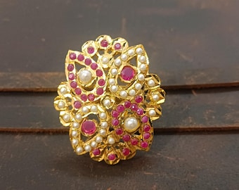 Anillo tradicional Kundan Jadau / Anillo de perla india para mujer / Anillo ajustable estilo Bollywood / Regalo de joyería nupcial étnica