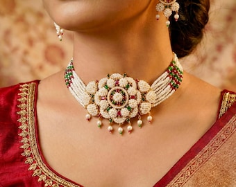 Jaal Puwai Pearl Choker | Jadau Ruby Emerald Bridal Jewelry | Indian Wedding Jewelry | Bollywood Style Pearl Choker | Handmade in Jaipur